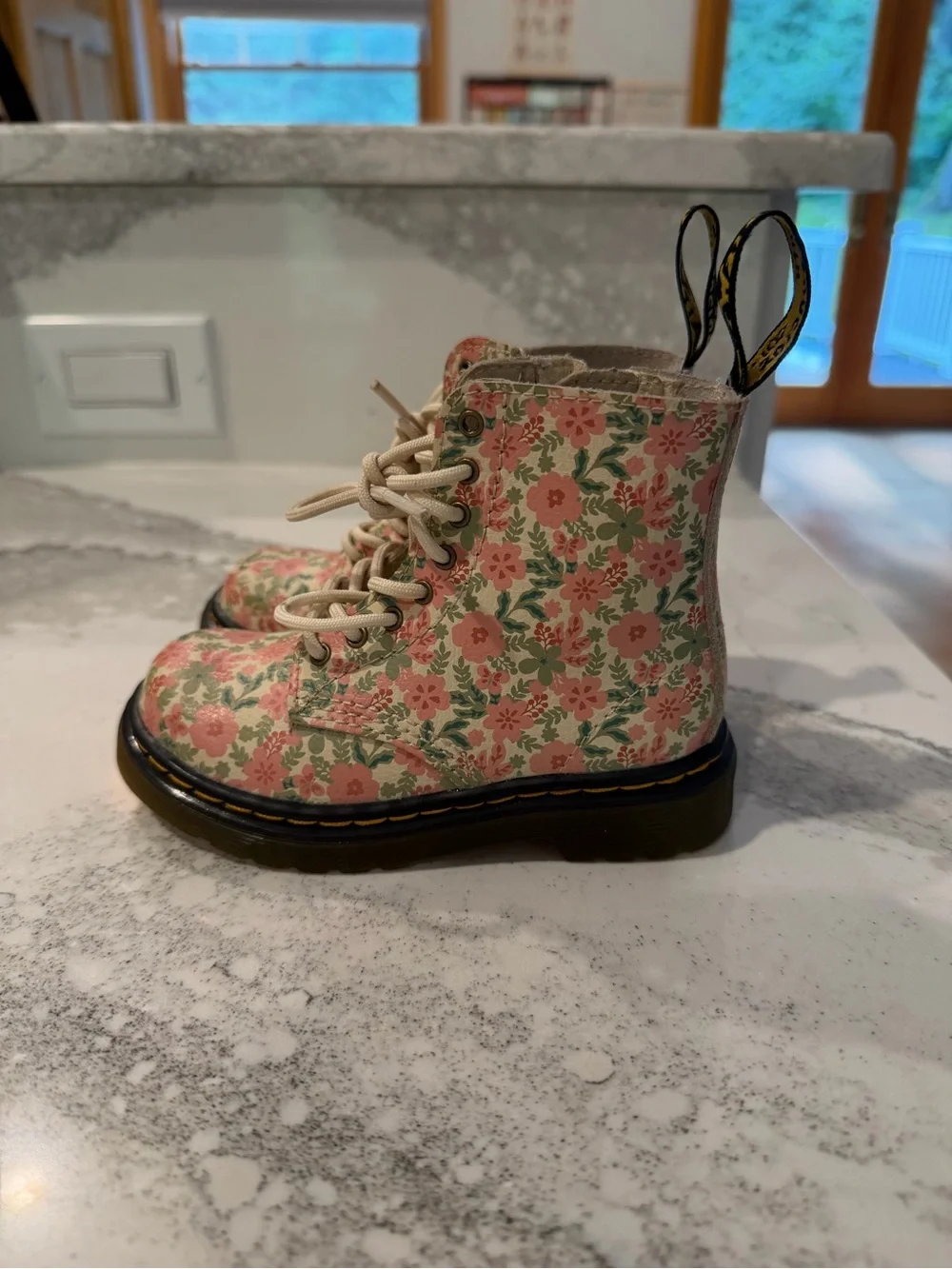 Dr. Martens Kids Floral Lace-Up Boots in Cream and Pink